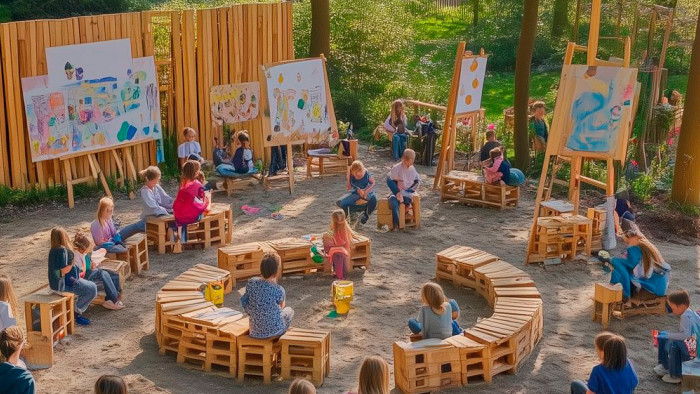 Photograph of an outdoor space with children sitting on wooden benches, as if in an open-air classroom, surrounded by nature